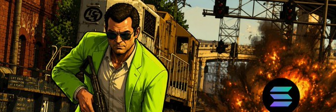 Digital artwork of a man in a green jacket and sunglasses holding a gun, set against an industrial background with a fire on the right and a Solayer logo in the corner.