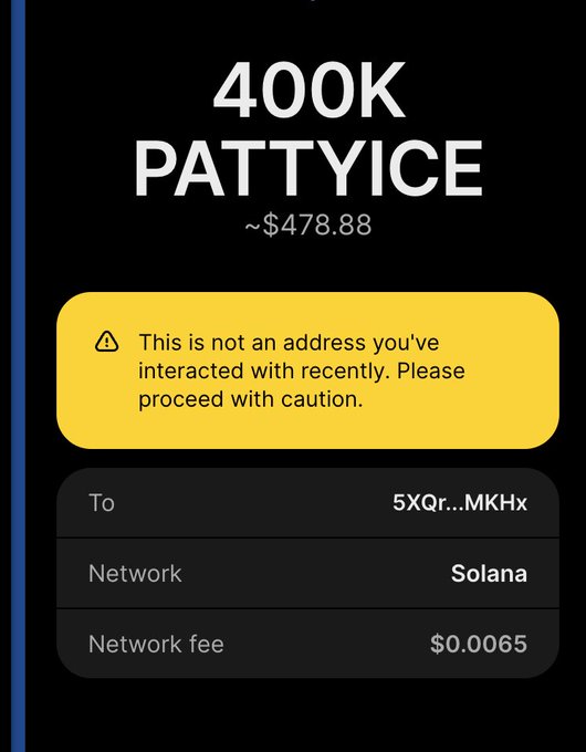The image shows a cryptocurrency transaction confirmation screen displaying a transfer of 400K PATTYICE tokens (~$478.88) on the Solana network to address 5XQR...MKHx, with a warning that the recipient is unfamiliar.

The screenshot likely shows evidence of the PATTYICE token being sent to an address, which the poster uses to mock the recipient by claiming they've been in crypto since before the other person was even born.
