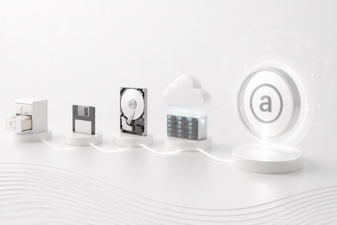 A 3D graphic showing a progression of technology from a printer to a floppy disk, hard drive, cloud server, and finally a digital 'a' icon, all resting on white pedestals connected by a glowing line.