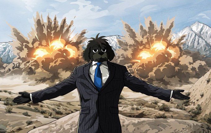 An anthropomorphic dog character in a pinstripe suit stands with arms outstretched as two massive explosions erupt behind him in a mountainous desert landscape. The dramatic image serves as a visual metaphor for MEXC's announcement of the completed $MYRO contract swap and the resumption of trading.