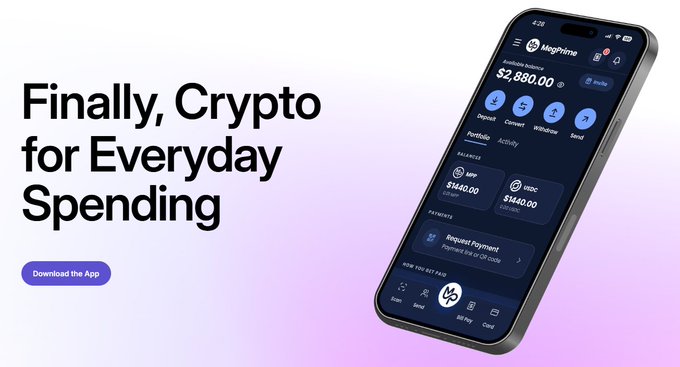 A promotional advertisement for 'Mapleme' cryptocurrency app with the tagline 'Finally, Crypto for Everyday Spending,' displaying a smartphone showing balances of $2,850.00, $1440.00 USDC, and an installment payment option for $140.00.
