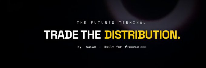 Promotional banner for "The Futures Terminal" by Quon Labs, built for Robinhood Chain, featuring the tagline "TRADE THE DISTRIBUTION." in bold white and yellow text on a dark background. This ties into the accompanying post by positioning The Futures Terminal as a trading tool being highlighted alongside $TICA's growing presence on the Robinhood Chain ecosystem.