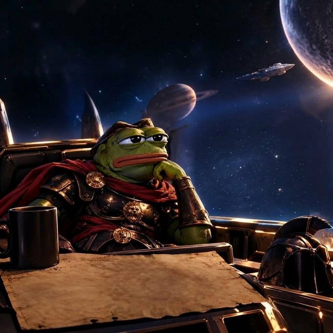 A digital illustration of Pepe the Frog depicted as a weary gladiator in Roman armor, resting his head on his hand while looking out at a space scene with planets and a distant spaceship.
