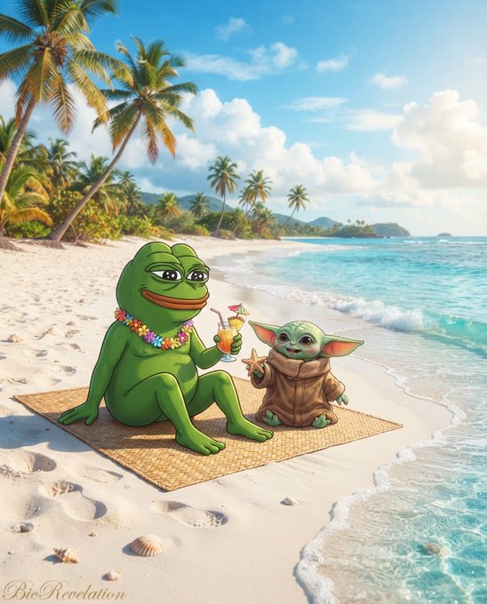 A digital artwork of the Pepe the Frog character wearing a flower lei and drinking a tropical beverage on a beach mat alongside Grogu (Baby Yoda), with "Bio Revelation" text in the corner.