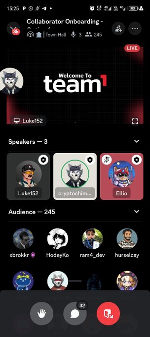 Mobile app screen showing a live 'Collaborator Onboarding' Town Hall event with 245 audience members, featuring speakers Luke152, cryptochim..., and Ellio.
