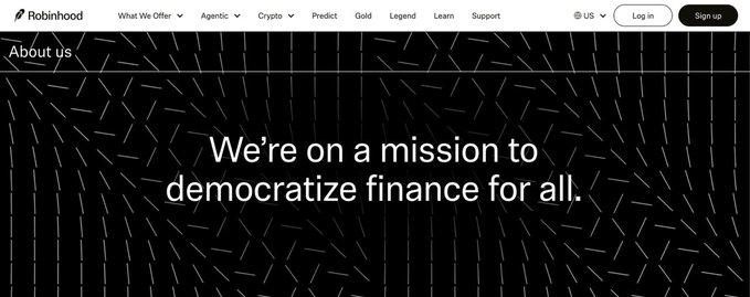 A webpage header for Robinhood featuring the Robinhood logo, navigation links (What We Offer, Agentic, Crypto, Predict, Gold, Legend, Learn, Support), and the tagline 'We're on a mission to democratize finance for all.'