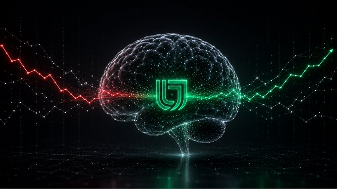 A digital illustration of a wireframe brain with a green Lycra logo at its center, flanked by red and green ascending/descending chart lines on a dark background.