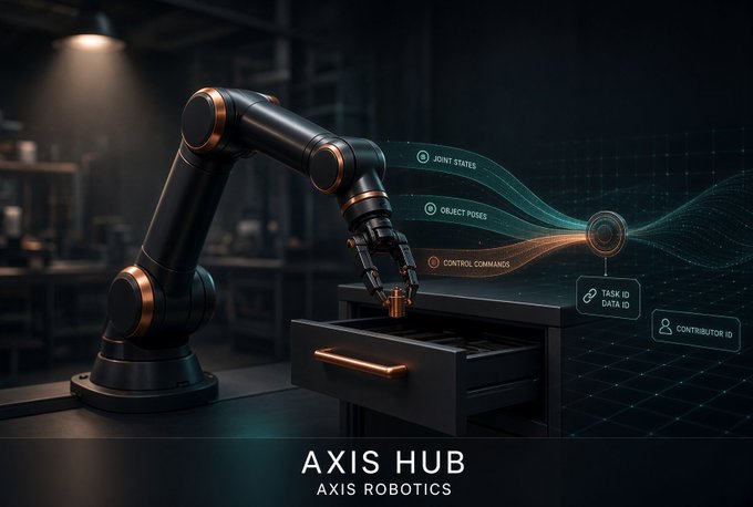 A sleek digital rendering of a black robotic arm in a dark setting, labeled 'AXIS HUB' and 'AXIS ROBOTICS', with holographic data streams showing 'JOINT STATES', 'OBJECT POSES', and 'CONTROL COMMANDS'.