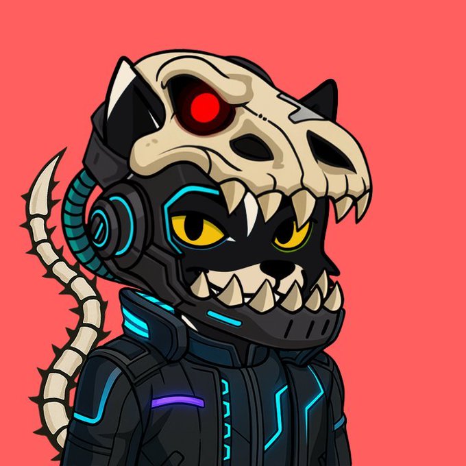 A stylized cartoon illustration of a futuristic cyberpunk character wearing a black helmet with a skeletal dinosaur/animal skull design, glowing cyan accents, and a spiky tail against a red background.