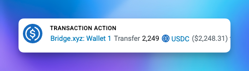 A digital transaction notification card displaying a USDC transfer: "TRANSACTION ACTION: Bridge.xyz: Wallet 1 Transfer 2,249 USDC ($2,248.31)" on a blue-purple gradient background.