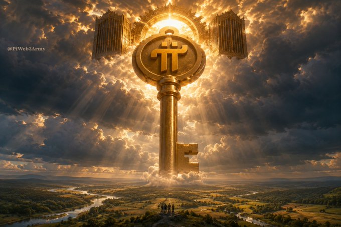 A fantastical digital artwork depicting a massive, glowing golden key floating above a landscape, with beams of light shining from behind it through dramatic clouds. The text '@PiWeb3Army' is visible on the left side, suggesting it relates to Pi Network.