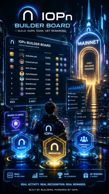 The image features an advertisement for the IOPN Builder Board, which is a platform that allows users to claim badges based on their real-world activity on the blockchain. The poster includes a man standing in front of a city skyline with buildings illuminated by neon lights and a scoreboard displaying the mainnet rewards available through the platform. The post encourages users to engage with the IOPN Builder Board, claiming badges for their real-life activities, climbing the leaderboard, and positioning themselves for future mainnet rewards.
