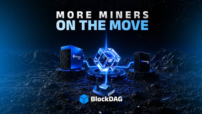 The image shows a promotional graphic for BlockDAG featuring the text "MORE MINERS ON THE MOVE" alongside two mining hardware units and a glowing hexagonal logo against a cosmic, mountainous backdrop. This visual reinforces the post's message about expanding the BlockDAG network through ongoing miner shipments to a growing global customer base.