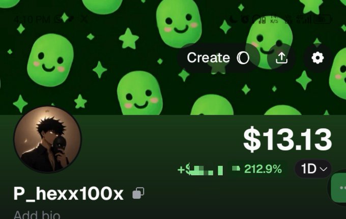 A Roblox user profile page showing the username 'P_hexx100x' with a 'Create' button, green smiley face background, and a balance of $13.13 with 212.9% gains.