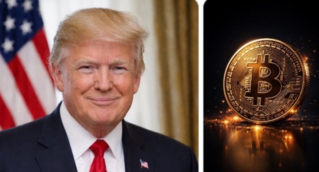 This image shows Donald Trump alongside a Bitcoin coin, symbolizing his call for Congress to pass the CLARITY Act to foster U.S. leadership in crypto innovation.