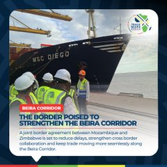 The image is an informational graphic from the 2023 WTO Public Forum highlighting the Beira Corridor Agreement between Mozambique and Zimbabwe, featuring a cargo ship labeled "MSC DIEGO" and workers in hard hats, with text emphasizing that the joint border agreement will reduce delays, strengthen cross-border collaboration, and boost trade. It relates to the post about digitalization streamlining processes to benefit small businesses and countries, tying the concept of efficient trade facilitation (as seen in the Beira Corridor) to the broader idea of digital transformation through IOTA.