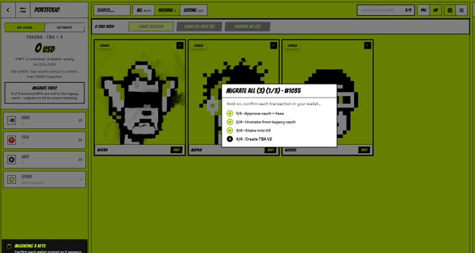 A retro pixel-art style web interface titled 'PIXELCLOUD' with a green background, showing a 'MIGRATE ALL CO (1/3) - $10.95' transaction confirmation popup.