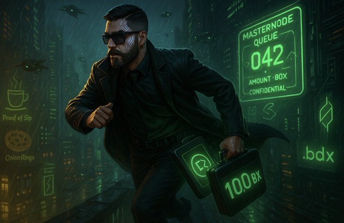 A digital illustration depicts a man in a trench coat and sunglasses running through a cyberpunk cityscape carrying a briefcase labeled "100 BX," with a "MASTERNODE QUEUE 042" display showing "AMOUNT 60X CONFIDENTIAL" and logos for "Proof of Sip," "Onion Rings," and ".bdx."