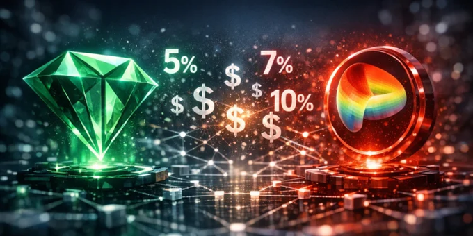 A glowing green emerald (representing stablecoins/USDC-USDT) and a red coin (representing bots/arbitrageurs) sit on opposite sides of a network, with floating dollar signs and percentages (5%, 7%, 10%) symbolizing the meagre fees retail investors earn while arbitrage bots capture the bulk of the value from liquidity pools on Uniswap V3.