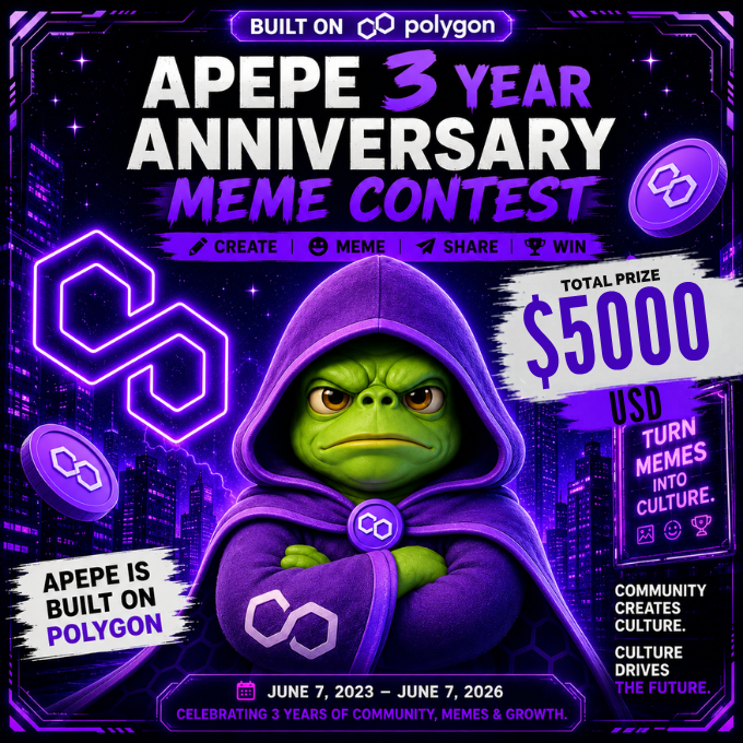 The image features a poster for an APEPE 3 year anniversary celebration. The poster has a cartoon character dressed as a wizard wearing a purple robe and hood, standing against a dark background with a city skyline visible behind him. The text on the poster announces that this is a Polygon-inspired APEPE meme contest and encourages people to create their own memes related to Polygon or share them on social media using the hashtag #APEPE3YearAnniversaryMemeContest. The post also mentions that the most impressive community-created memes will be selected, and there are exciting rewards for those who participate in this event.
