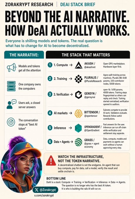 An infographic titled 'BEYOND THE AI NARRATIVE. HOW DeAI ACTUALLY WORKS.' by Zorakrypt Research outlines 'THE NARRATIVE' vs 'THE STACK THAT MATTERS' with six layers: Compute (AKASH), Training (PLURALIS), Verification (GENSYN), AI markets (BITTENSOR), Inference (OPENGRADIENT), and Data + Agents (GRASS).