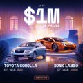 A digital advertisement showing a '$1M IN PRIZES' giveaway featuring a Toyota Corolla and Dodge Durango, with a 'Swipe to Reveal' mechanic at the bottom.