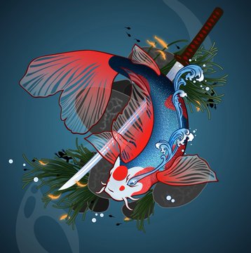Illustration of a koi fish with red and blue coloring wrapped around a katana sword, set against a dark blue background with waves and bamboo.