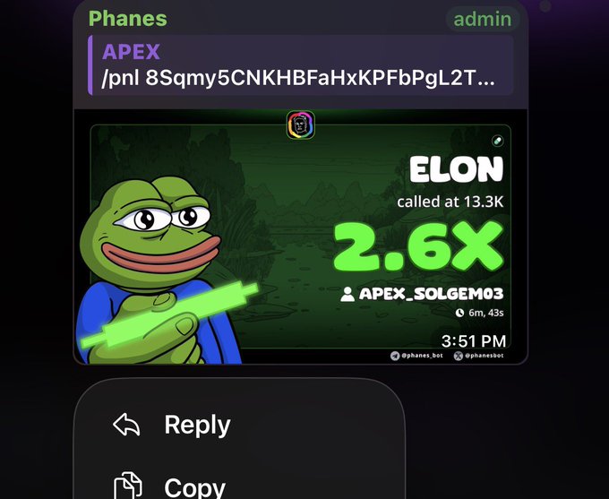 The image shows a chat window with an advertisement for a gaming app called "Elon". The ad features a cartoon frog character named Elon standing against a green background, holding a stick or game controller as if he were participating in a video game. There are two options in the message box: one is to click on the 'reply' button and another option is to click on the 'copy' button.