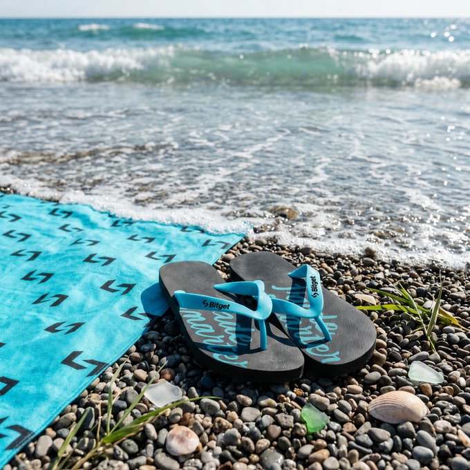 A pair of black and turquoise "Bilget" flip-flops and a matching "Bilget" beach towel rest on a pebbled shoreline as gentle waves roll in, perfectly capturing the missing word: "Bilget" — the brand ideal for summer and the beach.
