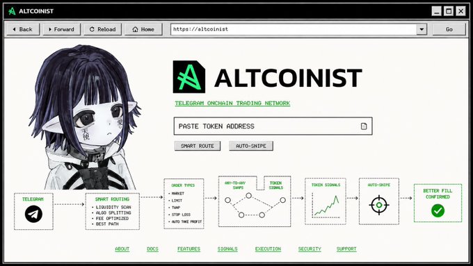A retro web-browser styled landing page for 'ALTCOINIST', a Telegram Onchain Trading Network featuring an anime-style avatar and a flowchart explaining the sniping process.