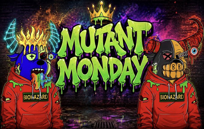 Colorful graffiti-style banner reading "MUTANT MONDAY" featuring two cartoon characters in red "BIOHAZARD" hoodies with mutated blue and black animal heads against a brick wall background.