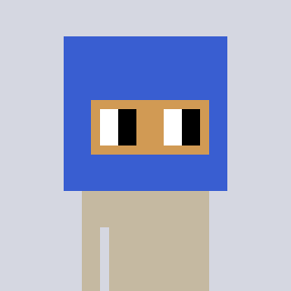 A minimalist digital illustration of a character with a blocky blue head, simple rectangular eyes, and a beige body on a plain light blue background.