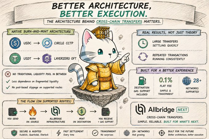 An infographic titled 'BETTER ARCHITECTURE, BETTER EXECUTION' features a cartoon cat character in a yellow robe promoting Allbridge NEXT for cross-chain transfers, highlighting native burn-and-mint architecture with USDC to Circle CCTP and USDT to LayerZero OFT, 0.1% flat fees, and 28+ supported networks.