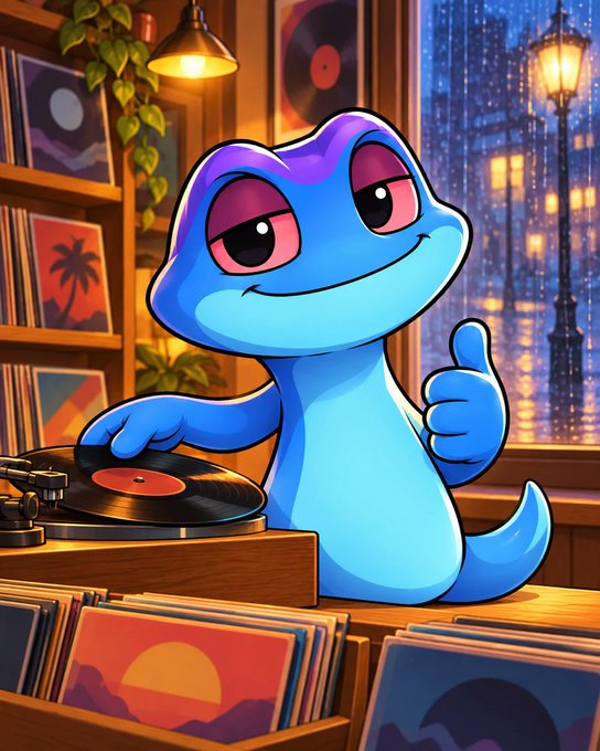 A stylized cartoon illustration of a blue lizard-like character giving a thumbs up while standing next to a record player, surrounded by vinyl records and album covers in a cozy room with a city view through the window.