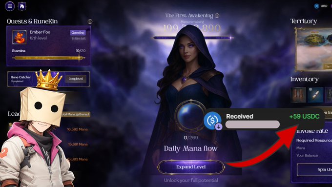 A hooded character from a fantasy game interface displays a "Received" notification showing "+59 USDC" with a red arrow pointing toward the text, illustrating the post's mention of a Genesis Points conversion reward. The surrounding UI shows "The First Awakening" level progression, "Daily Mana flow" stats, and an "Expand Level" button, highlighting the game's reward system described in the post.