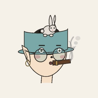 A cartoon illustration of a person wearing glasses, a teal hat with a small white rabbit on top, smoking a cigar, and holding a feather quill.