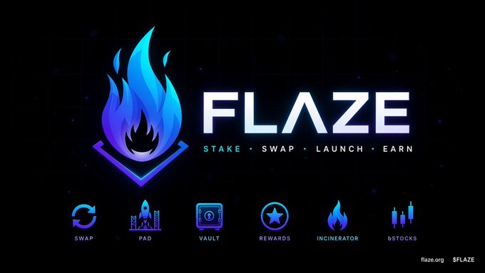 Promotional graphic for FLAZE cryptocurrency platform featuring a blue flame logo with the tagline 'STAKE • SWAP • LAUNCH • EARN' and icons for Swap, Pad, Vault, Rewards, Incinerator, and Stocks, with flaze.org and $FLAZE displayed.