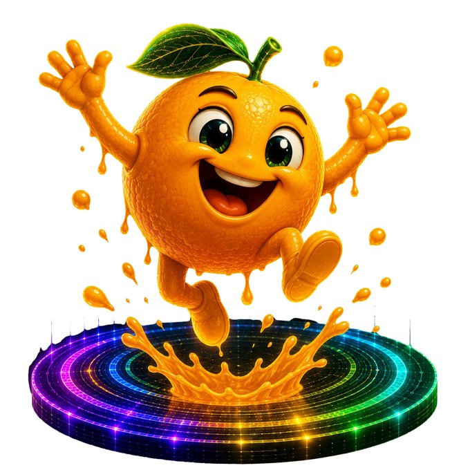 A 3D-rendered cartoon orange character with arms and legs, jumping joyfully on a glowing rainbow-colored LED platform, splashing orange juice droplets around it.