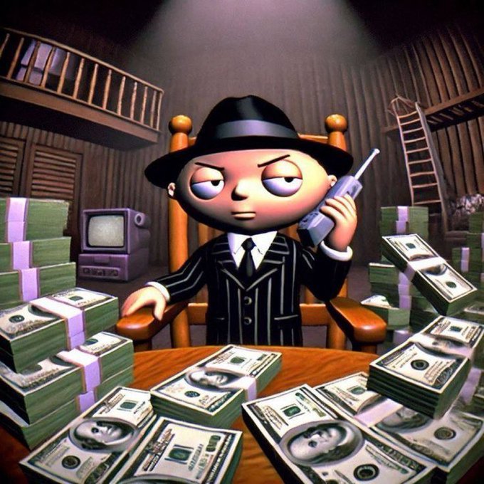 A 3D-rendered cartoon character in a pinstripe suit and fedora holding a large cell phone, sitting in a rocking chair surrounded by stacks of cash.