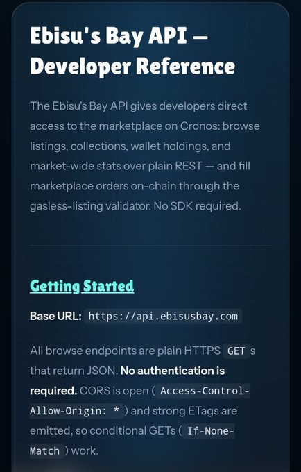 Documentation for Ebisu's Bay API on Cronos, describing REST endpoints for marketplace listings, collections, and gasless on-chain orders at https://api.ebisusbay.com.