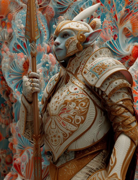 An ornate elven warrior in intricate gold and white armor holds a spear, set against a vibrant background of swirling teal and orange patterns.