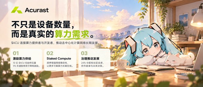The image is an Acurast promotional banner featuring an anime-style blue-haired character with a white cat on a windowsill at sunset, with Chinese text translating to "It's not just about the number of devices, but real computing power needs," highlighting three key points: 01 supply-side computing power supply, 02 staked compute, and 03 governance-driven growth. The banner visually reinforces the post's message that Acurast's decentralized network should be evaluated beyond mere device count, emphasizing the importance of staked compute and active governance participation in sustaining real computational value.