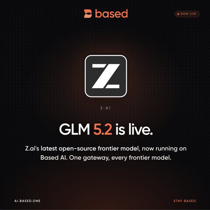 The image shows a website called "ai.based.one" with a banner at the top of the page, displaying an advertisement for GLM 5.2. The text on the banner reads "GLM 5.2 is live," indicating that the AI model is now available and can be used by users. The website also mentions that it offers an AI platform called "ai.based.one" where users can access leading AI models, pay with USDC (Us Dollars), and stay based on their preferences.