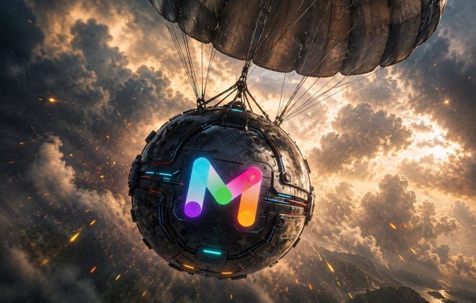 The image features a futuristic scene with a large, metallic ball floating in the sky surrounded by a bunch of colorful lights. The ball has the letter "M" written on it, which appears to be glowing in purple, green, orange, and yellow colors. The background is filled with clouds and explosions, creating an intense atmosphere.

The image also contains text that reads: "MarsChain is quietly building something special. Proof of Contribution + Burn = Hashrate + 188-day dynamic cycles = a chain that actually rewards real participation. No VC dumps. No endless inflation. Just pure contribution mining straight from your phone." This message seems to be related to the image, possibly discussing the futuristic technology or space theme depicted in the scene.