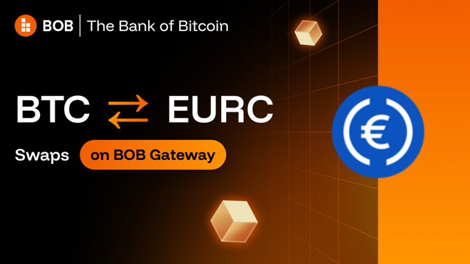 A promotional banner for BOB | The Bank of Bitcoin advertising BTC to EURC swaps on the BOB Gateway, featuring a blue euro symbol on an orange background.