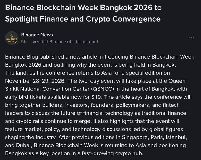 The image is a Binance News post announcing that Binance Blockchain Week Bangkok 2026 will be held on November 28-29, 2026, at the Queen Sirikit National Convention Center (QSNCC), with early bird tickets priced at $19, positioning Bangkok as a key global crypto hub following previous editions in Singapore, Paris, Istanbul, and Dubai.