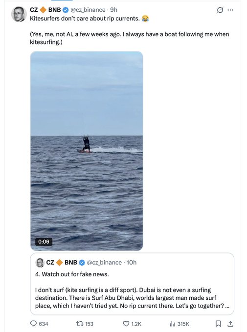The image shows a screenshot of a social media post about a fake story claiming that a man was killed while surfing in Dubai, with the caption "A Fake Story Claimed Changpeng Zhao Went Missing In A Dubai Surfing Accident On May 24. It Started In Chinese WeChat Groups And Spread Fast. CZ's Reply On X: 
"I Don'T Surf. Dubai Is Not Even A Surfing Destination." He Is Safe In The UAE. Fake News In Crypto Is Not Just Noise."