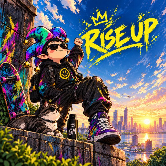 An illustration of a character in streetwear sitting with a skateboard and cat, with the text 'RISE UP' and 'GM' visible.