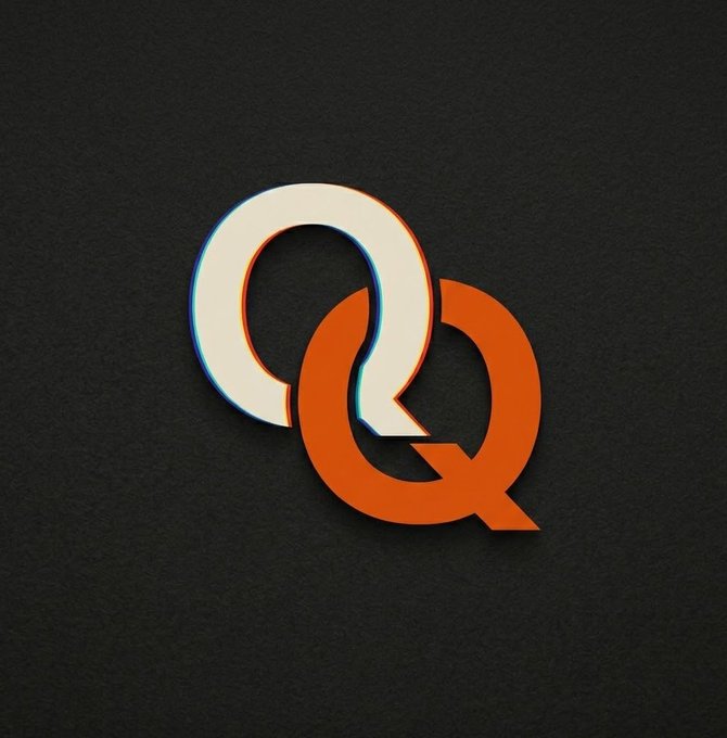 A logo featuring an interlocking white and orange letter 'Q' on a dark textured background.