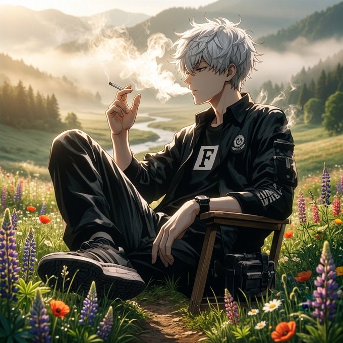 An anime-style illustration of a silver-haired young man sitting in a field of wildflowers, smoking a cigarette, wearing a black jacket with an 'F' logo and cargo pants.